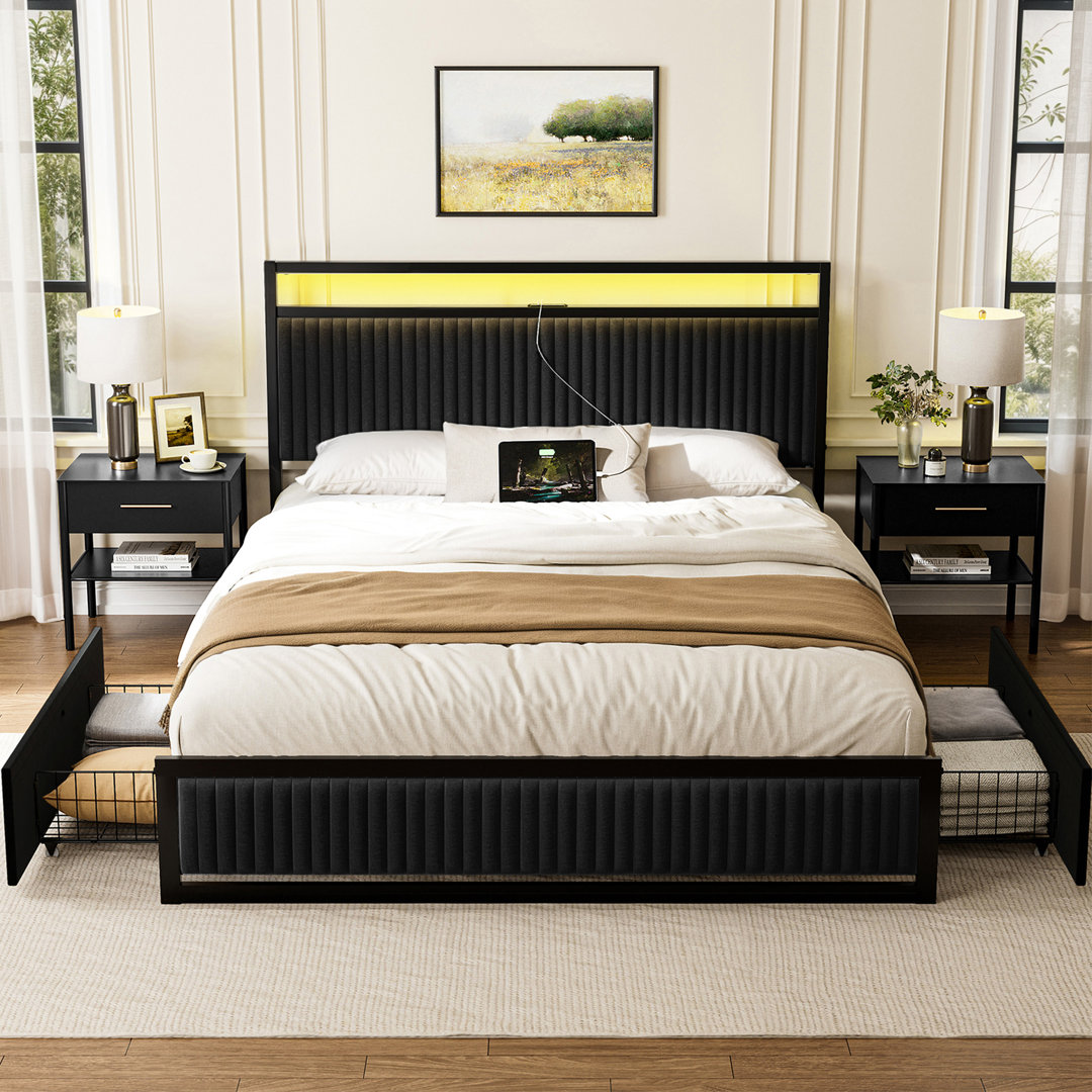 Antioch Upholstered Bed Frame with 2 Storage Drawers, Modern Platform Bed with Charging Station & LED Light, No Spring Box Needed